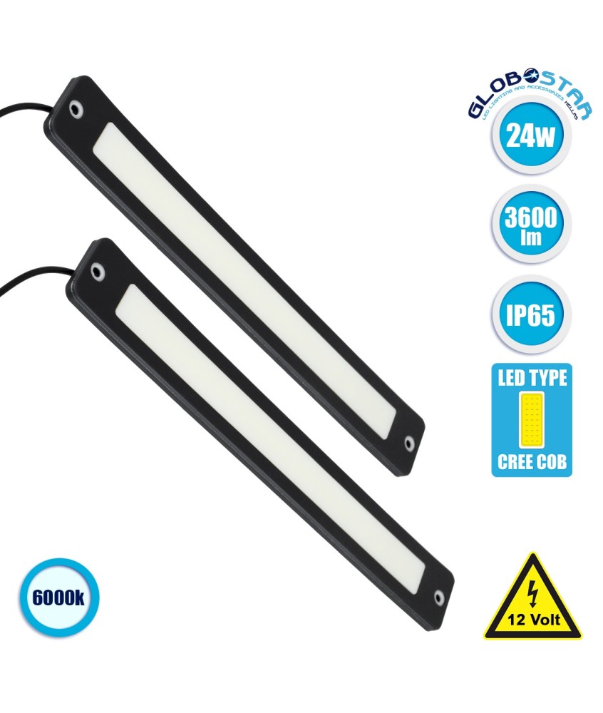 GloboStar® 81722 Σετ 2 Μπάρες DRL LED CREE COB 24W 3600lm 120° DC 12V Αδιάβροχες IP65 Ψυχρό Λευκό 6000K